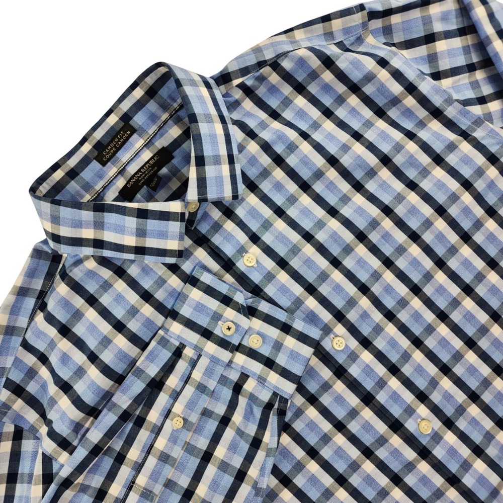 Banana Republic Shirt Mens X-Large Blue Plaid Camden Non-Iron Cotton Button Up